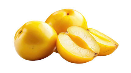 Juicy marula fruits isolated on white background, whole and sliced