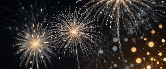 Naklejka premium Silver fireworks and bokeh in New Year eve, copy space Abstract background holiday.