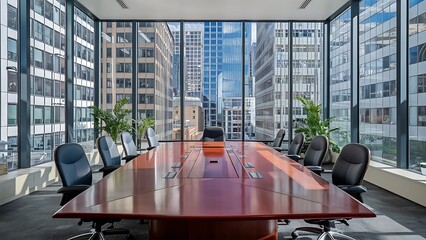 Modern Office Conference Room with Desk and Wall of Windows