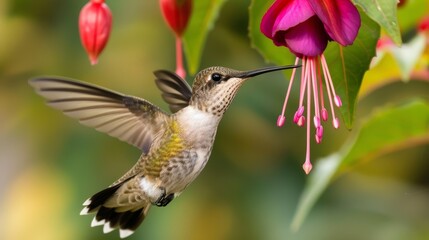 Fototapeta premium A vibrant hummingbird hovering in front of a blooming fuchsia flower, its wings a blur.