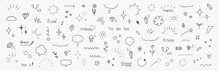 Doodle line elements of shiny pen. Heart, accent, star, icon with shiny decorations, flowers, heart. Vector illustration.