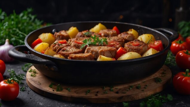 Fried pork meat with potatoes, onions and peppers National homemade Georgian dish ojakhuri in a black frying pan on a dark background with fresh herbs, spices and tomatoes.