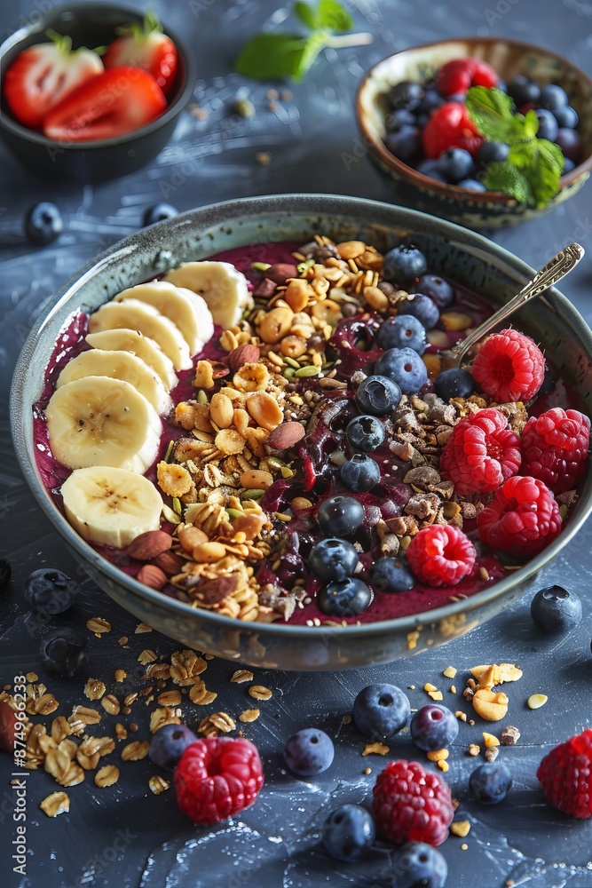 Wall mural acai bowl perfection, superfood bliss, nutty granola, fresh berries, healthy breakfast, tropical bac