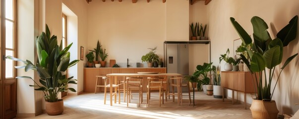 Stylish home with sustainable furniture and plants, green living, eco-friendly design