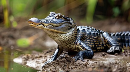 Naklejka premium Alligator basking in the sun on a mud bank in a swamp, its scales glistening with a watchful eye.