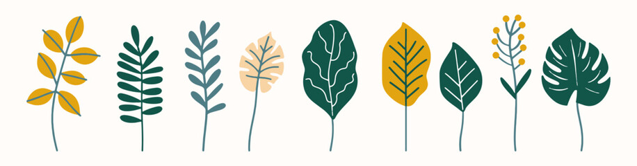 Tree collection hand drawn flat design element. botanical set of bare trees and ones with leaves and lush limited pastel color