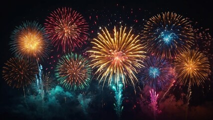 Fireworks banner New Year background with colorful fireworks.