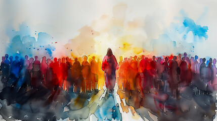 Watercolor illustration of Jesus meeting his followers at the sermon on  the mount! 
