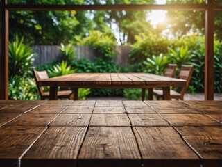 Obraz premium wooden table space with green home backyard view blur background for advertising template.
