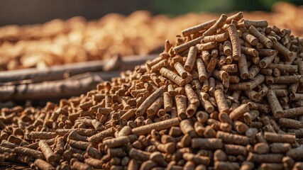 Obraz premium Biomass wood pellets stack and woodpile on blurred background, copy space, renewable energy concept.