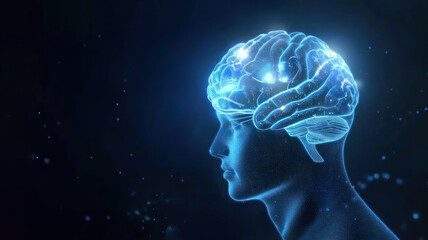 Fototapeta premium A glowing brain in the center of an animated human head with light beams emanating from it against a dark background symbolizing intelligence and cognitive function