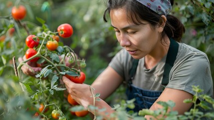 A woman is at a community garden outside. She is picking tomatoes from the garden's plants.