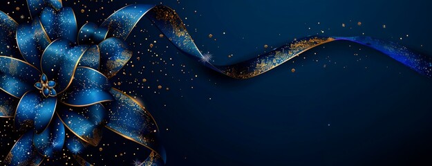 Elegant blue ribbon with a golden glittering bow on a dark background,  illustration for a luxury holiday card or banner design template. Blue and gold elegant gift decoration with a copy space