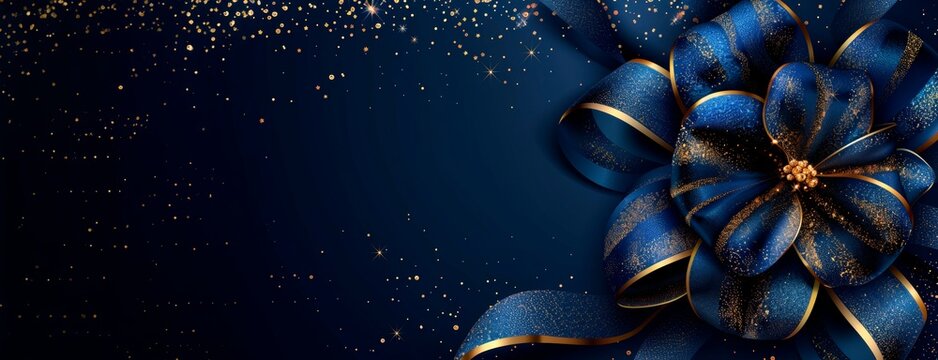 Elegant blue ribbon with a golden glittering bow on a dark background,  illustration for a luxury holiday card or banner design template. Blue and gold elegant gift decoration with a copy space - Powered by Adobe