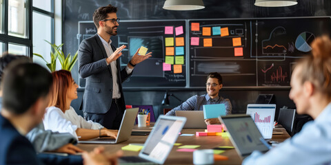 A person measuring business results and communicating it to their team in the boardroom
