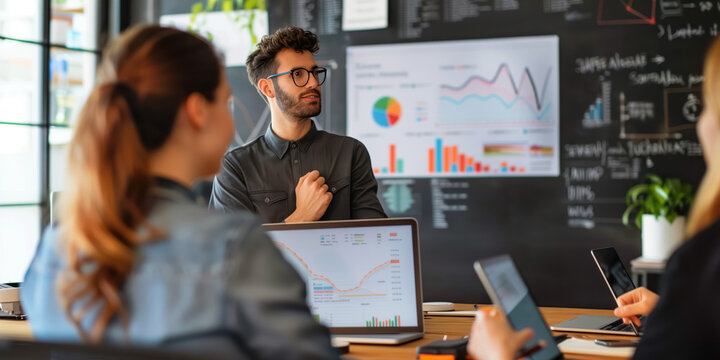 A person measuring business results and communicating it to their team in the boardroom