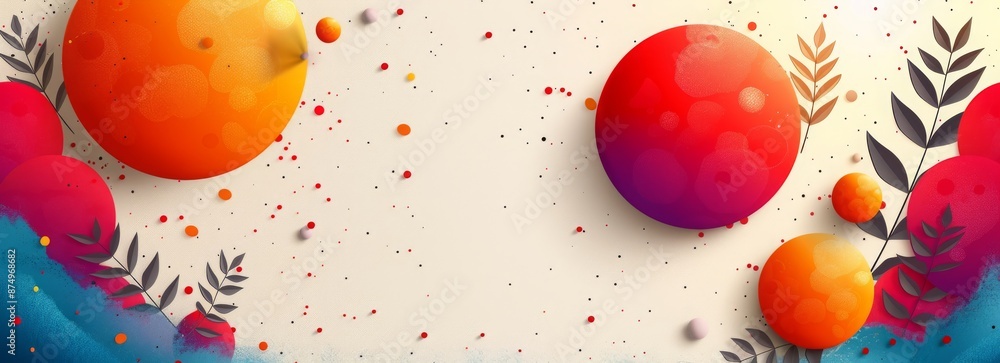 Poster colorful gradient fluid flow shape background with colorful dots and leaves, abstract background wit