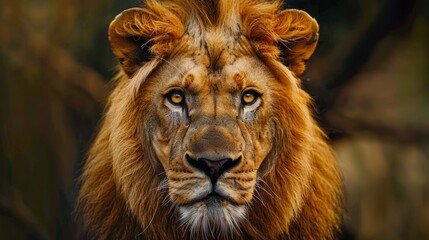 Fototapeta premium Close-up of a majestic lions face, golden mane framing its piercing eyes.