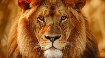 Close-up of a majestic lions face, golden mane framing its piercing eyes.