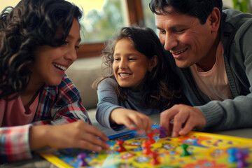 Hispanic family enjoying an evening playing board games. 