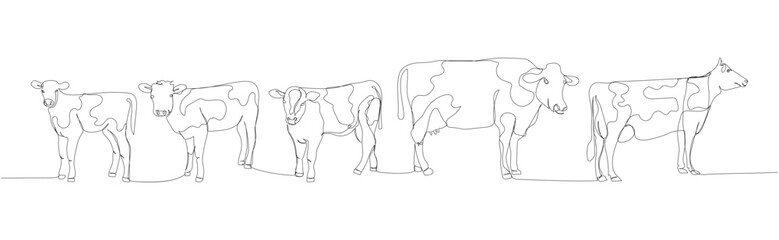 cow set, bull, livestock, cattle, calf one line art. Continuous line drawing of farm, nature, agriculture, farm animals, rural life, ranch.