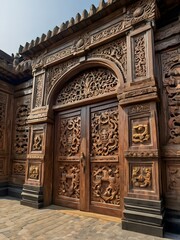 Obraz premium Intricate Carved Wooden Doorway.