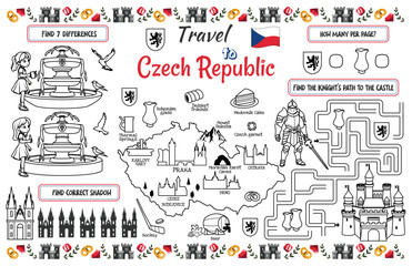 Naklejka premium A fun placemat for kids. Printable “Travel to Czech Republic” activity sheet with a labyrinth and find the differences. 17x11 inch printable vector file