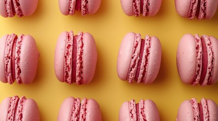 Obraz premium Strawberry macaroons on color background,parisian chic cafe dessert, sweet food and cake macaron for luxury confectionery brand,Pastry, bakery and branding concept.