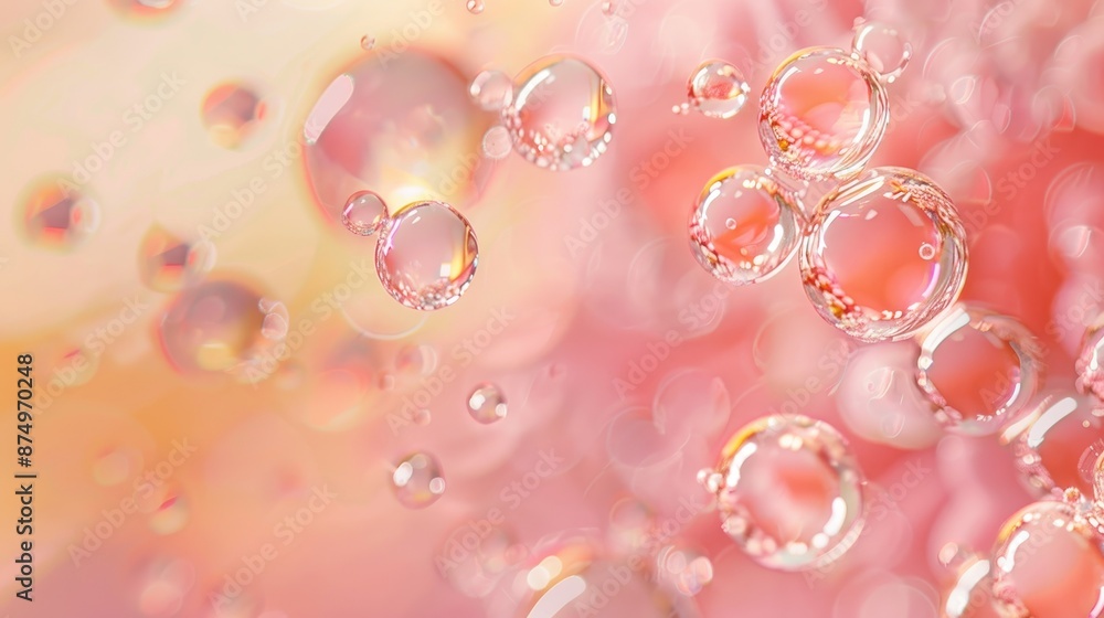 Sticker Oil bubbles on coral background with pink abstract space and soft focus Macro of oil drops on water surface with air bubbles Banner layout with copy space