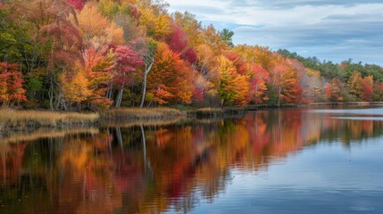 Fototapeta premium Estuary during a vibrant autumn season, with colorful trees lining the banks reflected in the water.