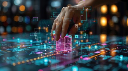 A hand interacts with a futuristic, digital interface.