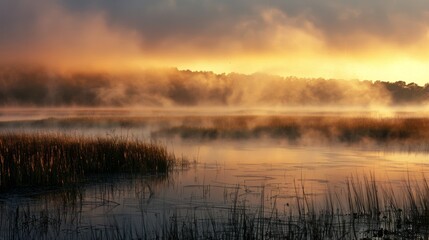Fog rolling through a marsh at sunrise, creating an ethereal and mystical atmosphere.