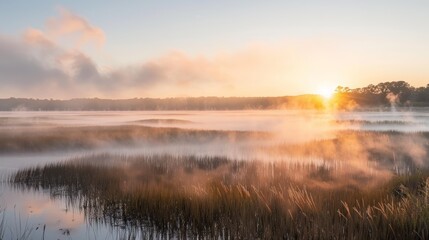 Fototapeta premium Fog rolling through a marsh at sunrise, creating an ethereal and mystical atmosphere.