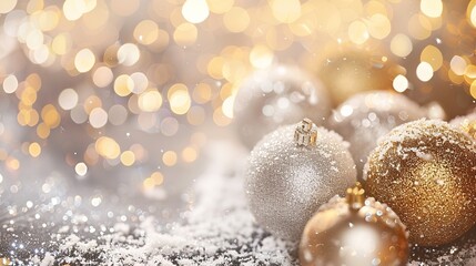 Festive Baubles with Snow and Bokeh: Premium Gold and Silver Christmas Background