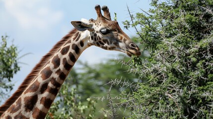Giraffe reaching high for leaves on an acacia tree, its long neck stretching gracefully.