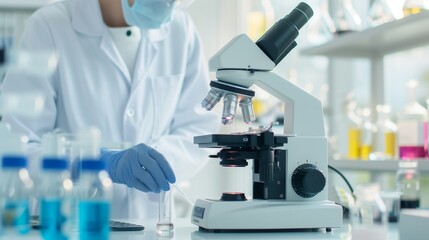 Scientific laboratory.  Microscope close up.  Lab for research.  Medical examination.  Analysis, test.  Microbiology.