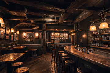 Rustic Bar Interior with Wooden Beams and Bar Stools.