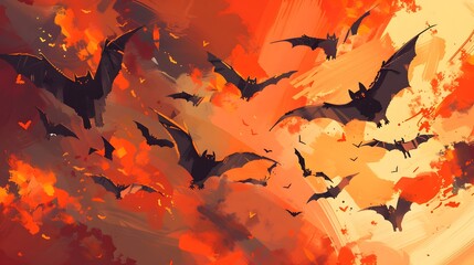 halloween bats on orange background vector