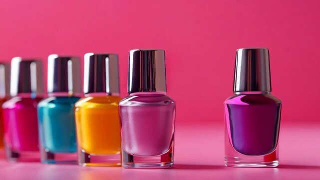 Row of colorful nail polish bottles arranged on a pink background. 3D animation