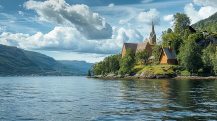 Obraz premium Panoramic view of a fjord with a historic stave church perched on the shoreline.