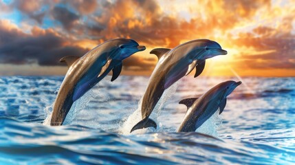 Obraz premium Playful dolphins leaping out of the water, creating a splash against the backdrop of a tropical sunset.
