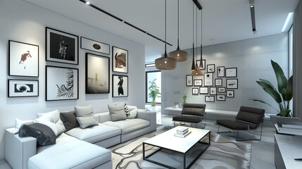 Modern living room showcasing a stylish gallery wall, sleek furniture, and decorative accents in a monochromatic theme.