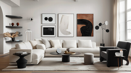 Modern living room showcasing a stylish gallery wall, sleek furniture, and decorative accents in a monochromatic theme.
