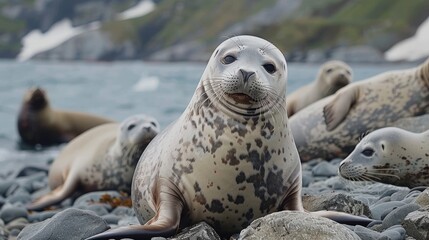 Fototapeta premium Seals basking on the rocky shores of a fjord, enjoying the warm sunlight.