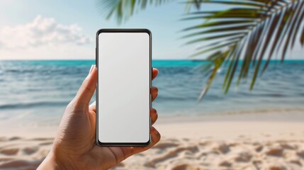 Mockup image of a hand holding and showing black mobile phone with blank screen in beach