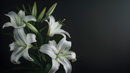 Elegant funeral lily with lots of copy space for writing on a dark background