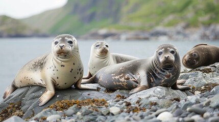 Naklejka premium Seals basking on the rocky shores of a fjord, enjoying the warm sunlight.