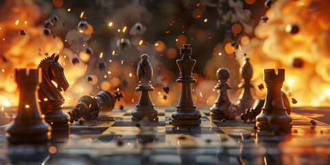 Chess pieces on the chessboard engaged in an epic battle