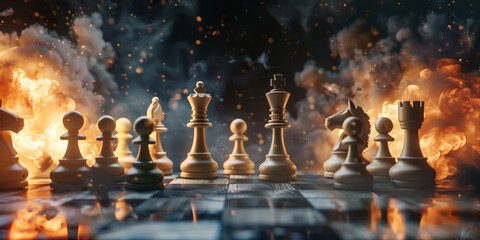 Chess pieces on the chessboard engaged in an epic battle