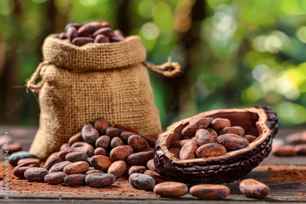 Aufkleber cocoa beans in a rustic setting